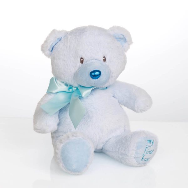 Σιέλ χνουδωτό αρκουδάκι με την επιγραφή My First Bear για νεογέννητο αγόρι. Παραδίδουμε αυθημερόν σε όλα τα μαιευτήρια και κλινικές της πόλης ΠΓΝΙ Δουρούτης, Νοσοκομείο Χατζηκώστα και κλινική Επίκουρος.