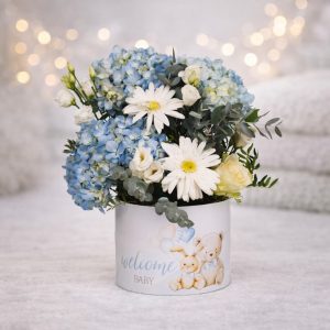 Flower box με μπλε ορτανσίες και λευκά άνθη για νεογέννητο αγόρι στα Ιωάννινα. Παραδίδουμε αυθημερόν σε όλα τα μαιευτήρια και κλινικές της πόλης ΠΓΝΙ Δουρούτης, Νοσοκομείο Χατζηκώστα και κλινική Επίκουρος.