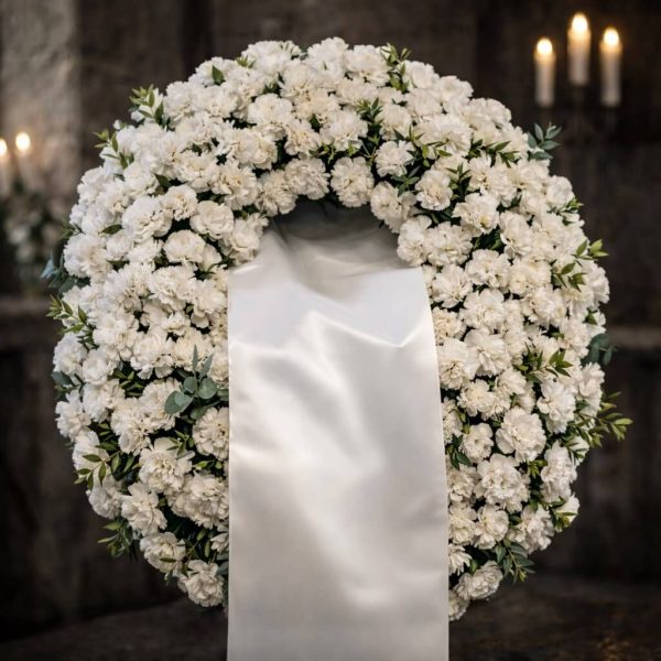 Funeral wreath with white carnations delivered in Ioannina – Fresh Garden