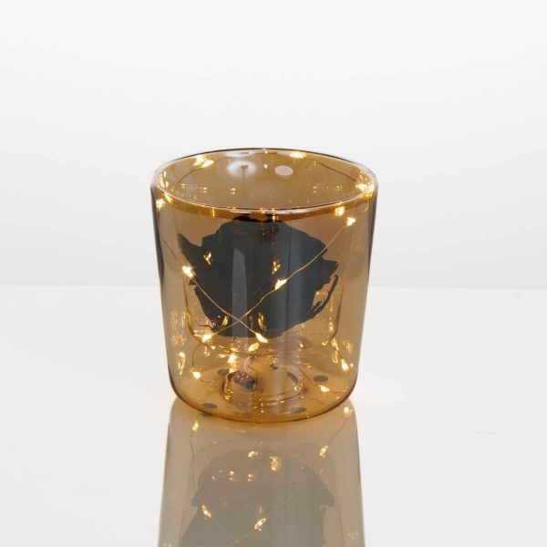 Black preserved rose with LED lights in amber glass vase – Fresh Garden Ioannina