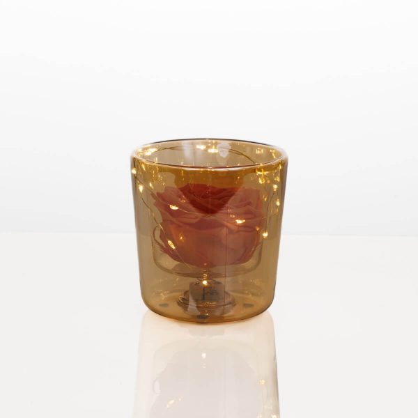 Orange forever rose with LED lights in amber vase – Fresh Garden Ioannina