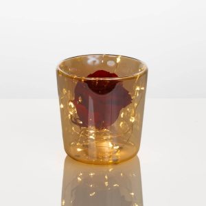 Red preserved rose with LED lights in amber glass vase – Fresh Garden Ioannina