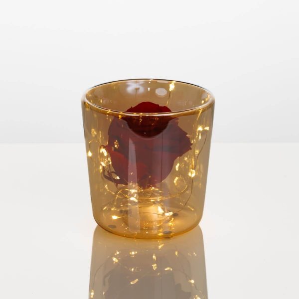 Red preserved rose with LED lights in amber glass vase – Fresh Garden Ioannina