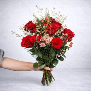 Red rose bouquet Secret Desire with white accent for same-day delivery in Ioannina by Fresh Garden.