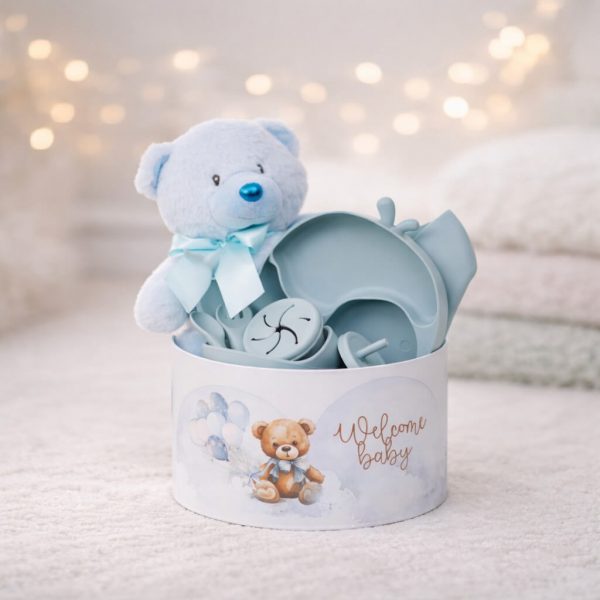 Δώρο για νεογέννητο αγόρι - Premium gift box 'Beary Nourished' με κλασικό αρκουδάκι και ροζ σετ φαγητού σιλικόνης για παράδοση σε μαιευτήρια των Ιωαννίνων - ΠΓΝΙ Δουρούτης, Χατζηκώστα, Epicurus Clinic από το Fresh Garden