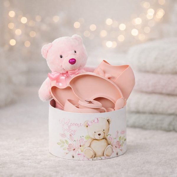 Δώρο για νεογέννητο κορίτσι - Premium gift box 'Beary Nourished' με κλασικό αρκουδάκι και ροζ σετ φαγητού σιλικόνης για παράδοση σε μαιευτήρια των Ιωαννίνων - ΠΓΝΙ Δουρούτης, Χατζηκώστα, Epicurus Clinic από το Fresh Garden