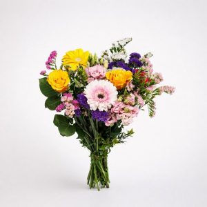 Bright flower bouquet with gerberas and yellow roses for same-day delivery in Ioannina by Fresh Garden.