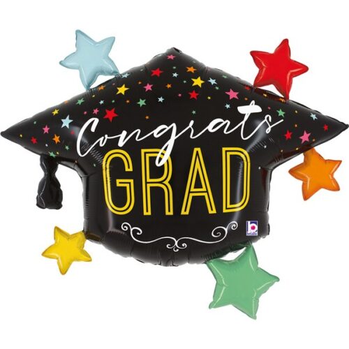 Μπαλόνι καπέλο αποφοίτησης Congrats Grad γίγας με πολύχρωμα αστέρια για ορκωμοσία στα Γιάννενα από το Fresh Garden.