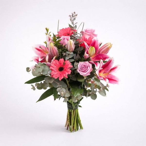 Pink flower bouquet with lilies, roses and gerberas for same-day delivery in Ioannina by Fresh Garden.