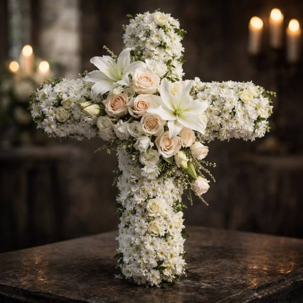 Premium funeral cross with roses and carnations delivered in Ioannina – Fresh Garden