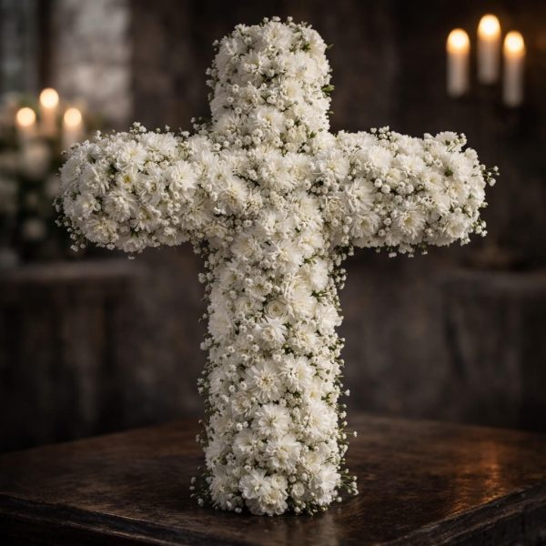 Funeral cross with white carnations delivered in Ioannina – Fresh Garden