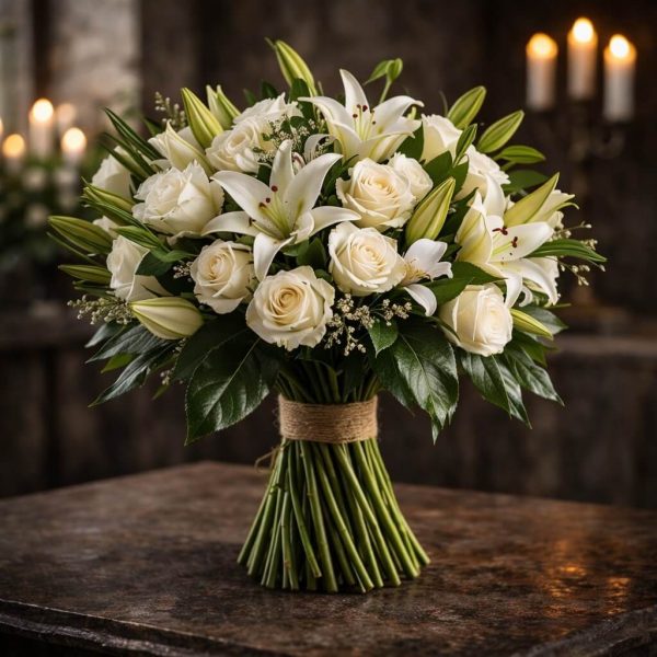 Sympathy bouquet with white lilies and roses delivered in Ioannina – Fresh Garden