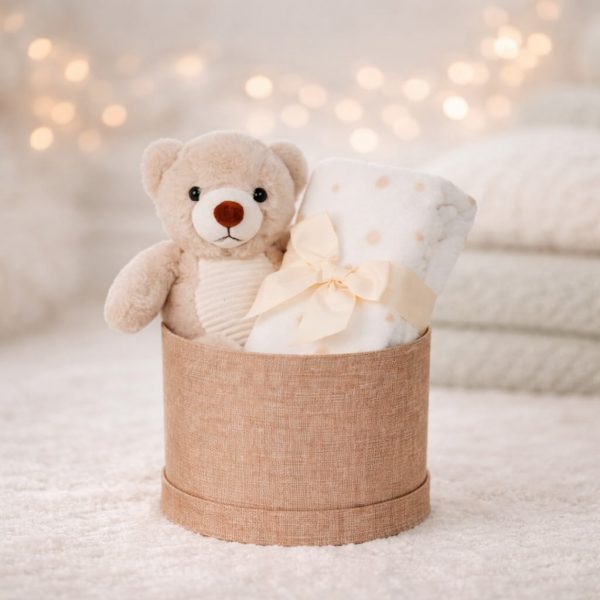 Χειροποίητο gift box για νεογέννητο με αρκουδάκι και πουά κουβερτούλα για παράδοση σε μαιευτήρια των Ιωαννίνων - ΠΓΝΙ Δουρούτης, Χατζηκώστα, Epicurus Clinic από το Fresh Garden