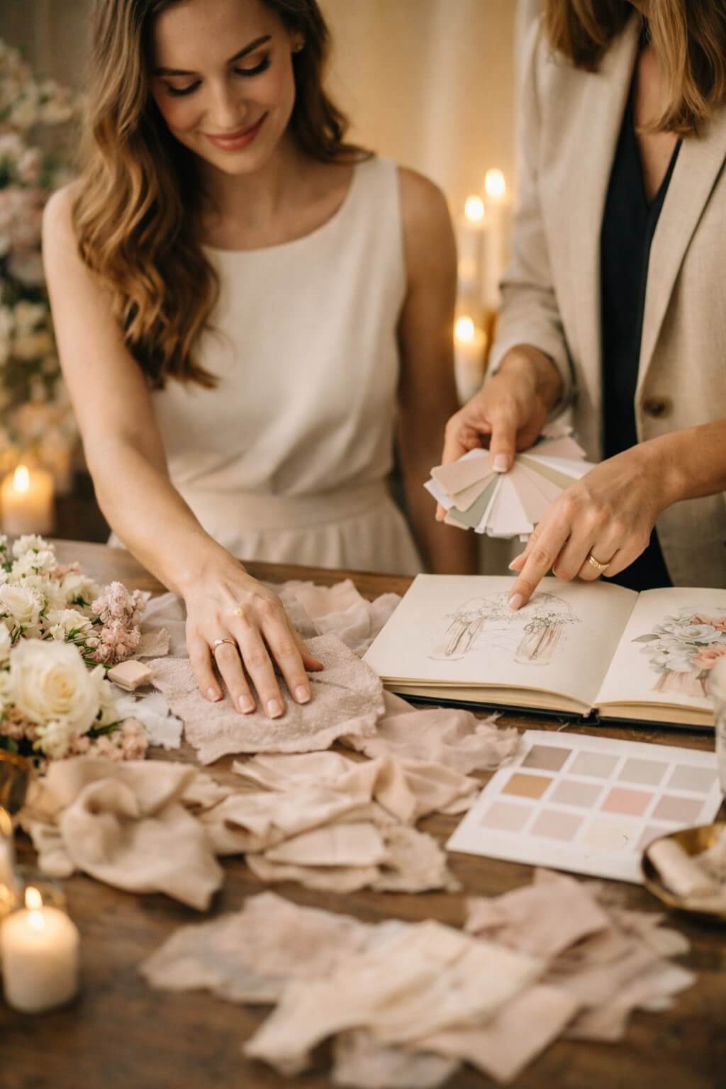 Wedding planner Ιωάννινα – σχεδιασμός concept γάμου με υφάσματα και floral samples