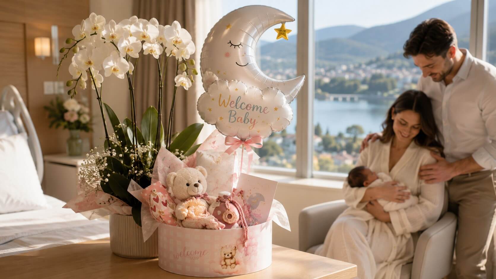 Πολυτελές δώρο για νέα μαμά στα Ιωάννινα με gift set νεογέννητου, ορχιδέα και μπαλόνι γέννησης