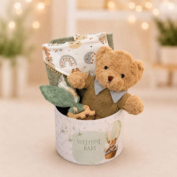 Little Comfort Welcome Box με αρκουδάκι, βαμβακερή κάπα μπάνιου και μασητικό οδοντοφυΐας για νεογέννητο αγοράκι από το Fresh Garden